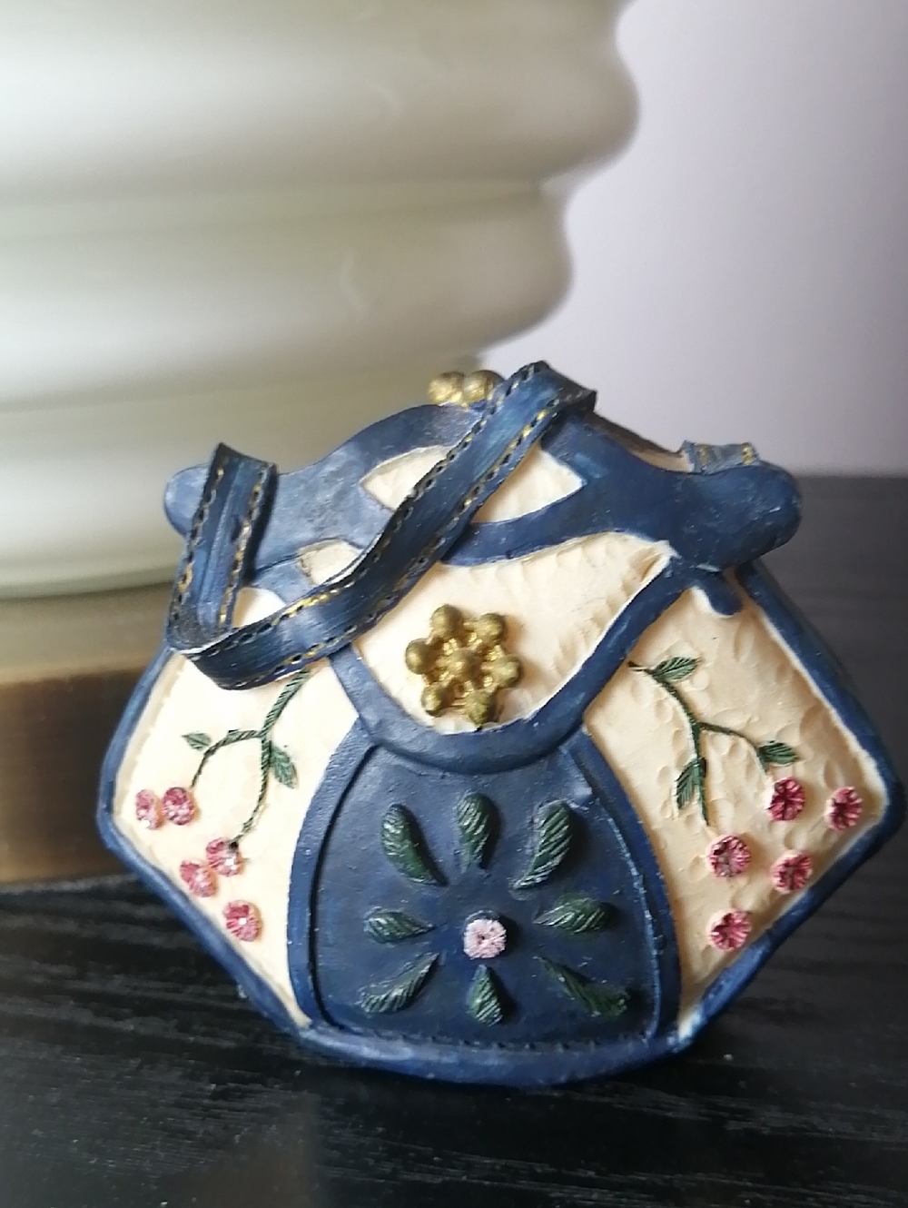 Vintage Miniature Purse Ceramic Resin Figurine Navy Cream Floral